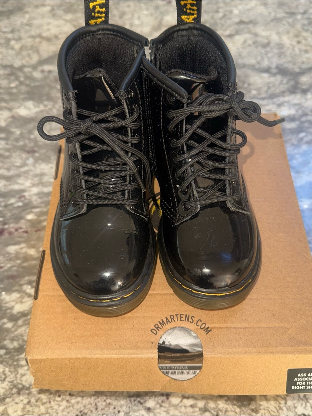 Like new Dr. Martens Black Patent Kids Lace-Up Boots with Yellow Stitching